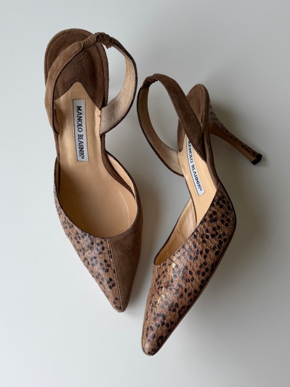 Manolo Blahnik Carolyne vintage leopard snakeskin slingback, IT 38.5, ~US 8-8.5